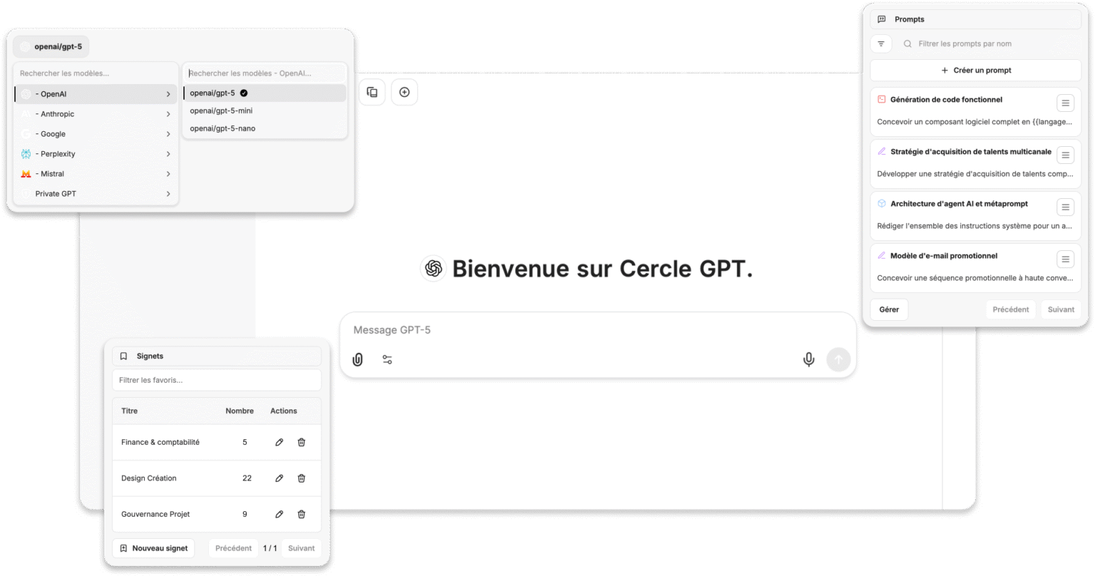 Cercle GPT — interface de l'application : sélecteur de modèle, zone de chat et bibliothèque de prompts